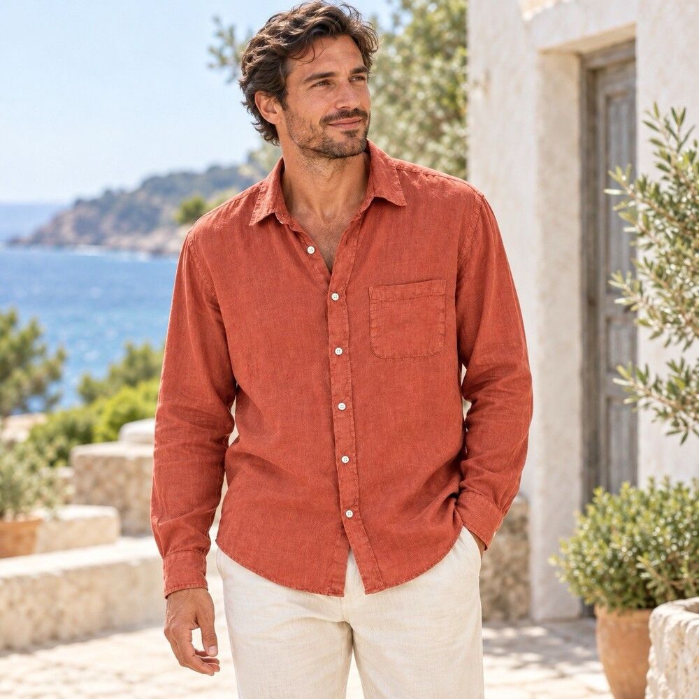 Portuguese Flannel Shirt XL Terracotta / Rust Orange Long Sleeve Coastal Linen